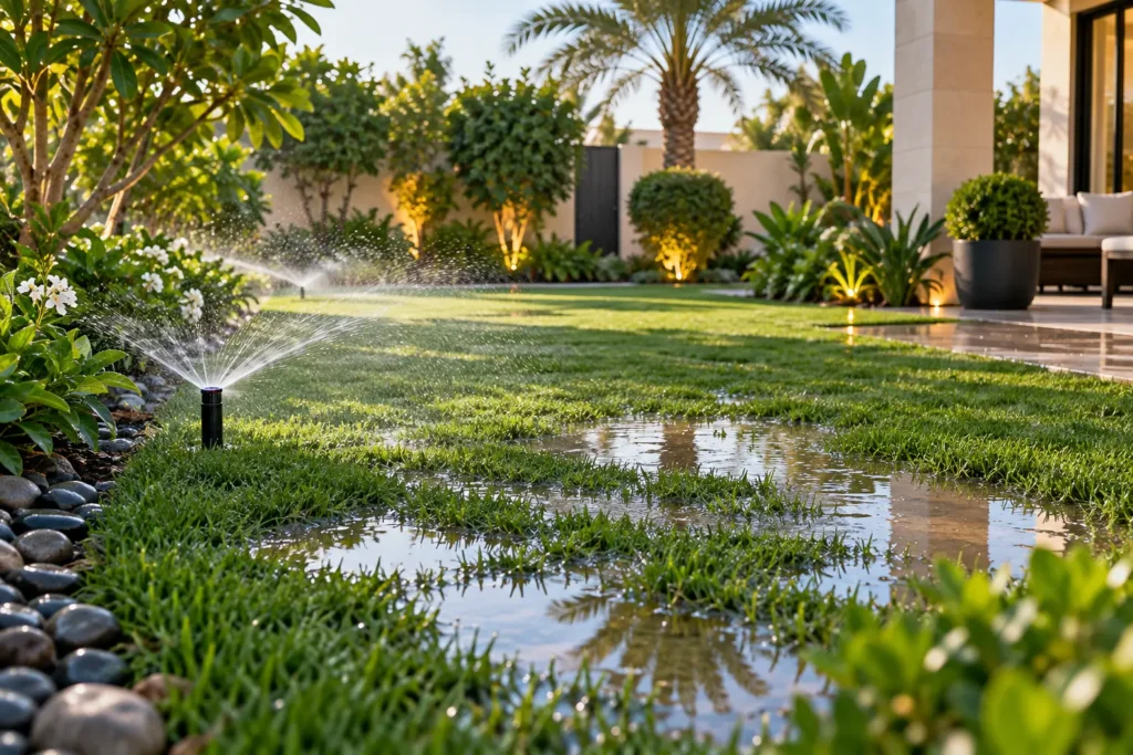 تجمع المياه في الحديقة بعد الري